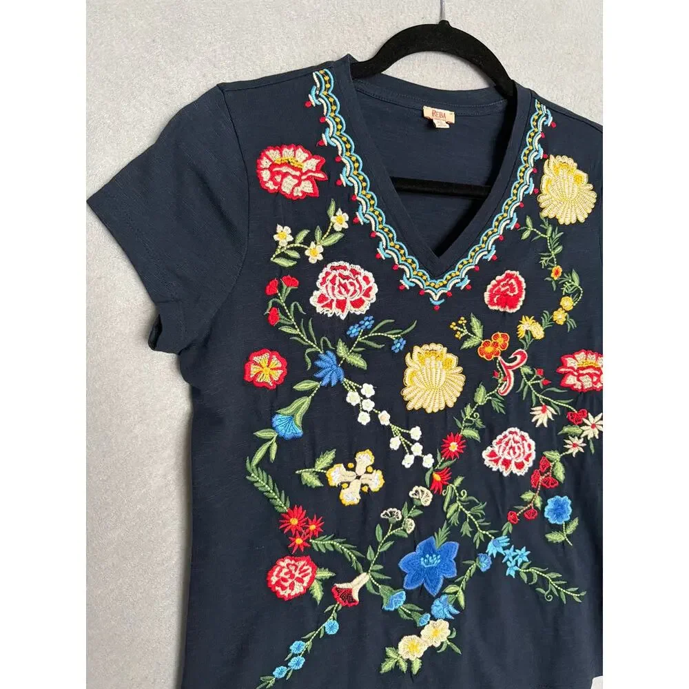 Reba Embroidered T-Shirt Short Sleeve V-Neck Women's XS Navy Blue